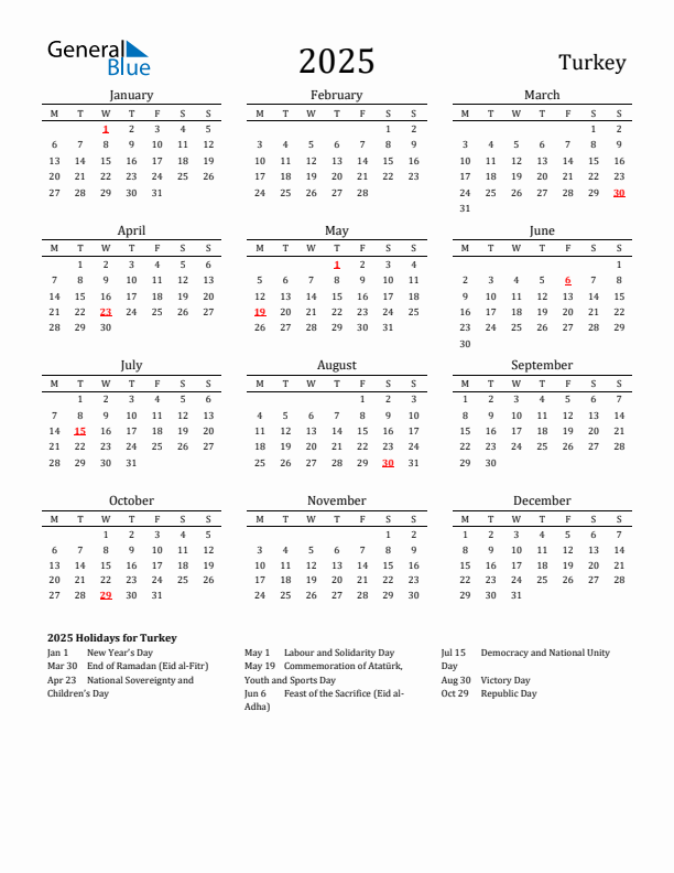 Turkey Holidays Calendar for 2025