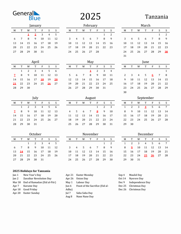Tanzania Holidays Calendar for 2025