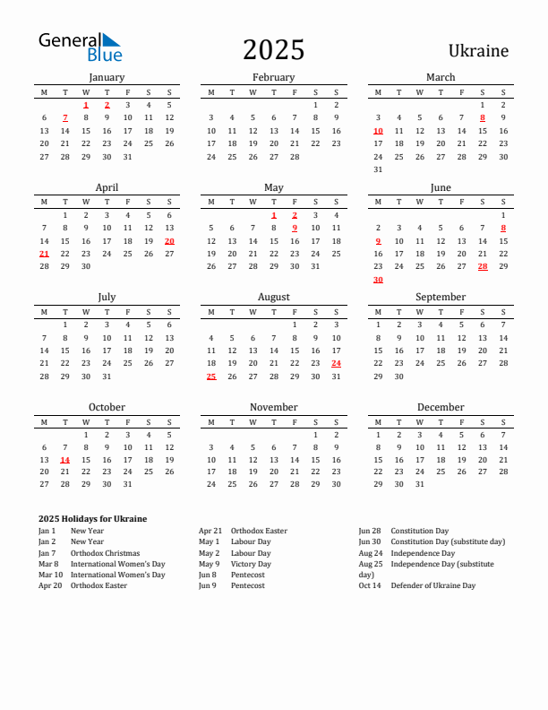 Ukraine Holidays Calendar for 2025