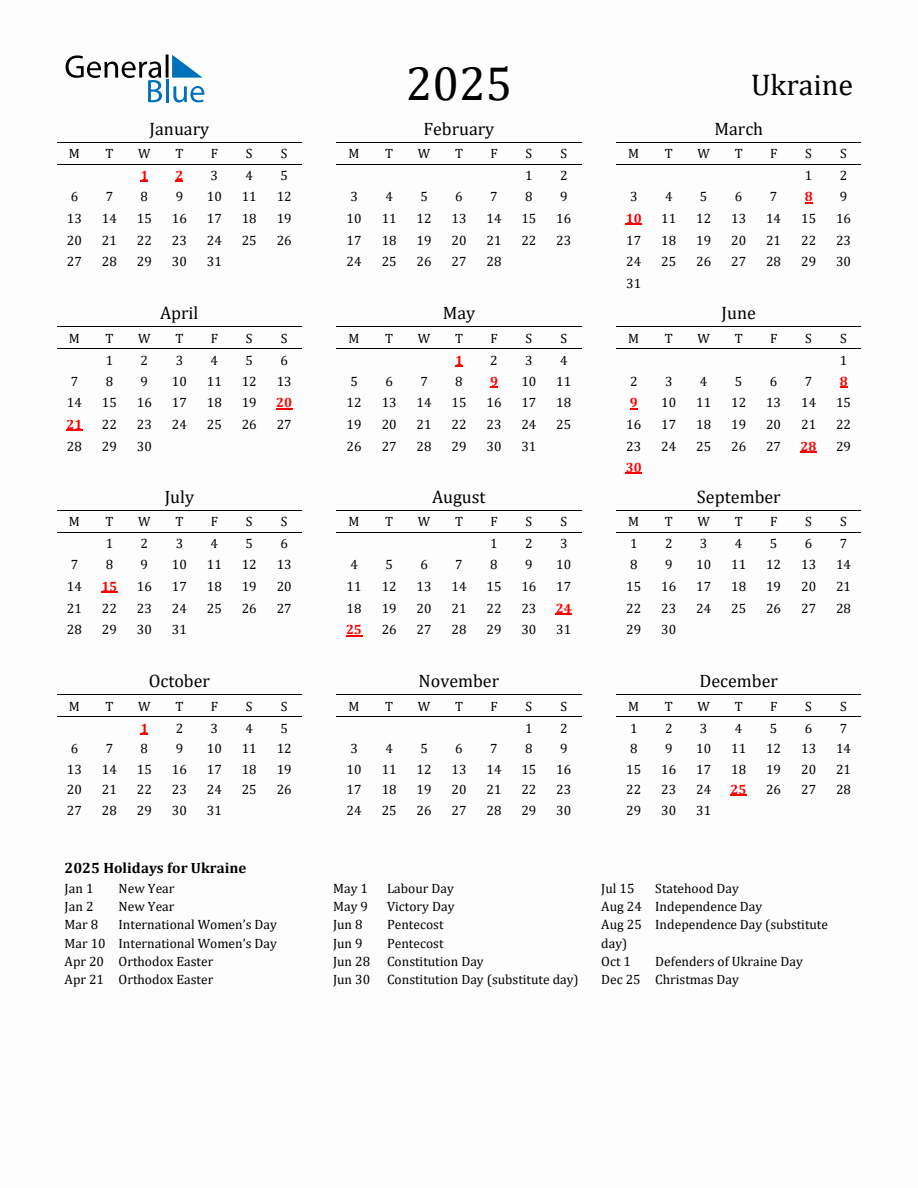 Free Ukraine Holidays Calendar for Year 2025