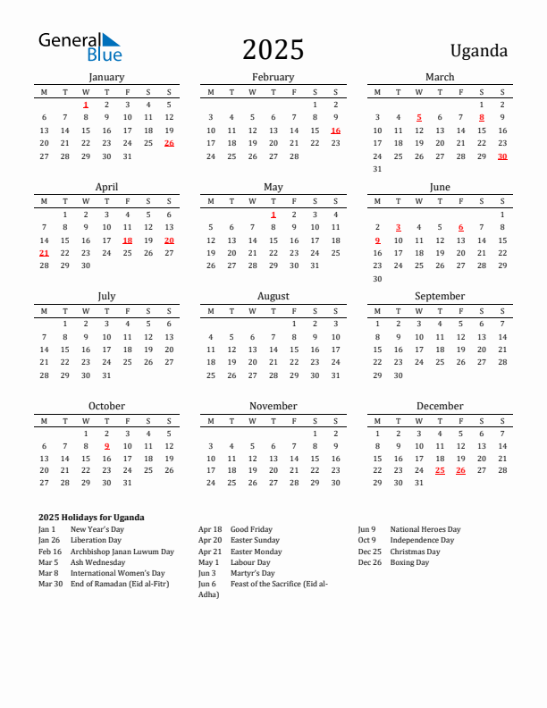 Uganda Holidays Calendar for 2025