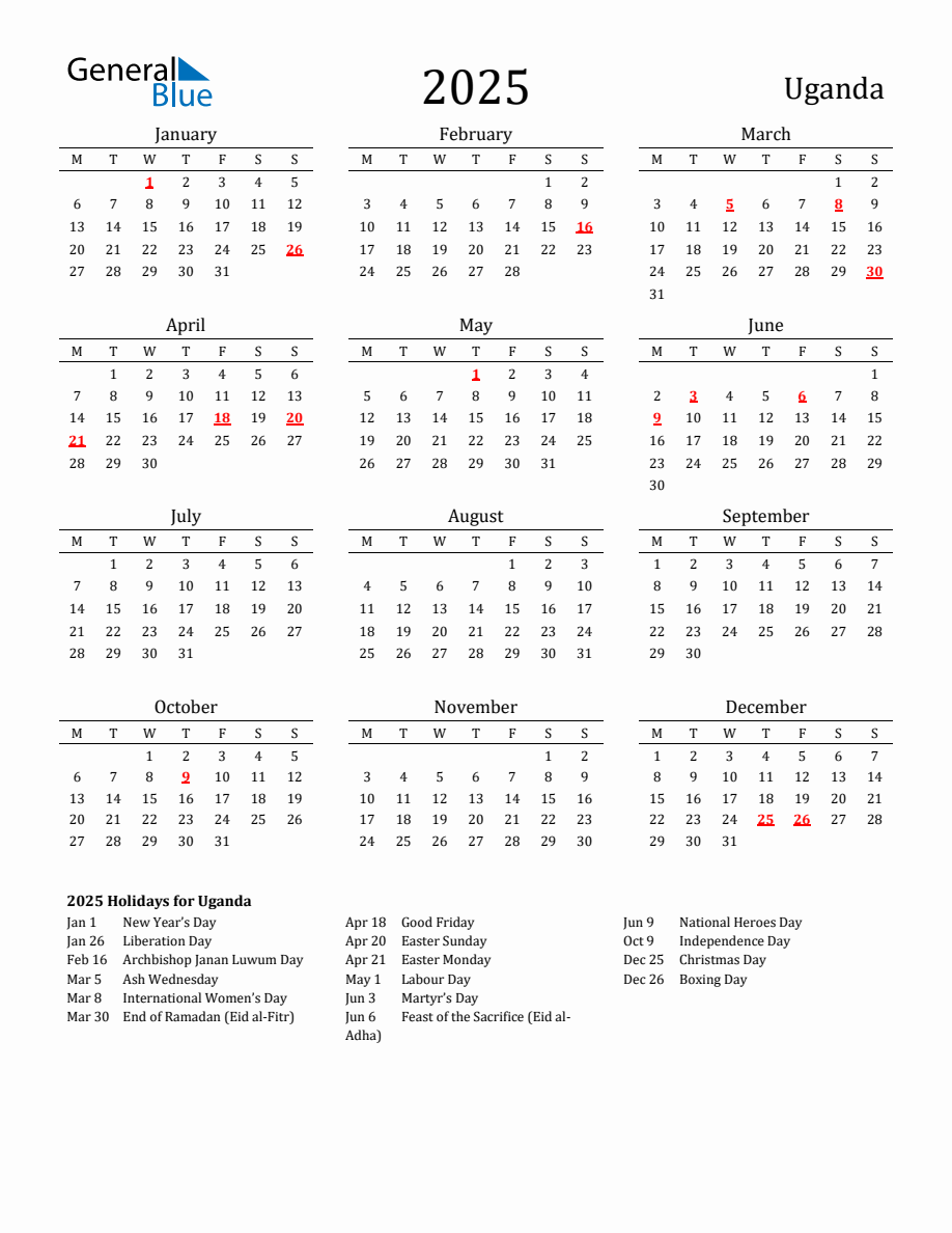 Free Uganda Holidays Calendar for Year 2025