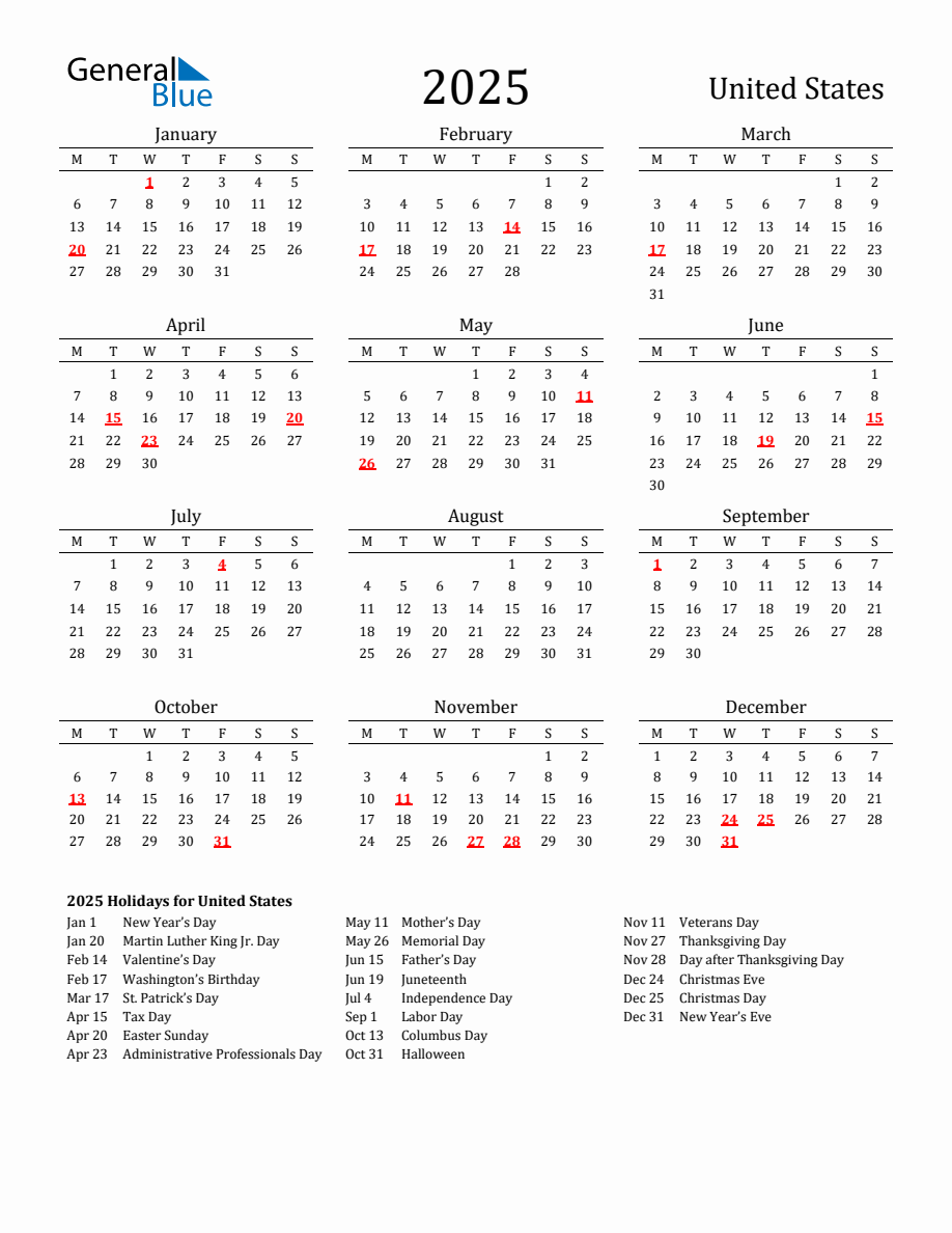 Free United States Holidays Calendar for Year 2025