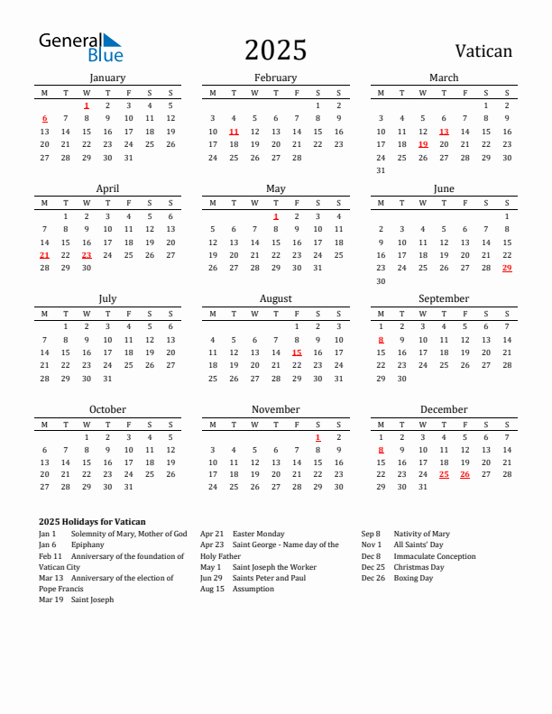 Vatican Holidays Calendar for 2025