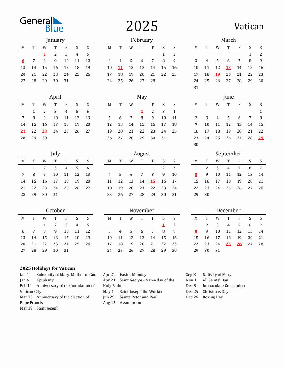 Free Vatican Holidays Calendar for Year 2025