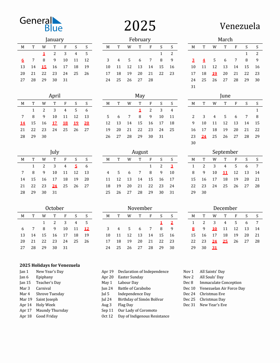 Free Venezuela Holidays Calendar for Year 2025