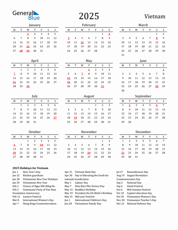 2025 Holiday Calendar for Vietnam Monday Start