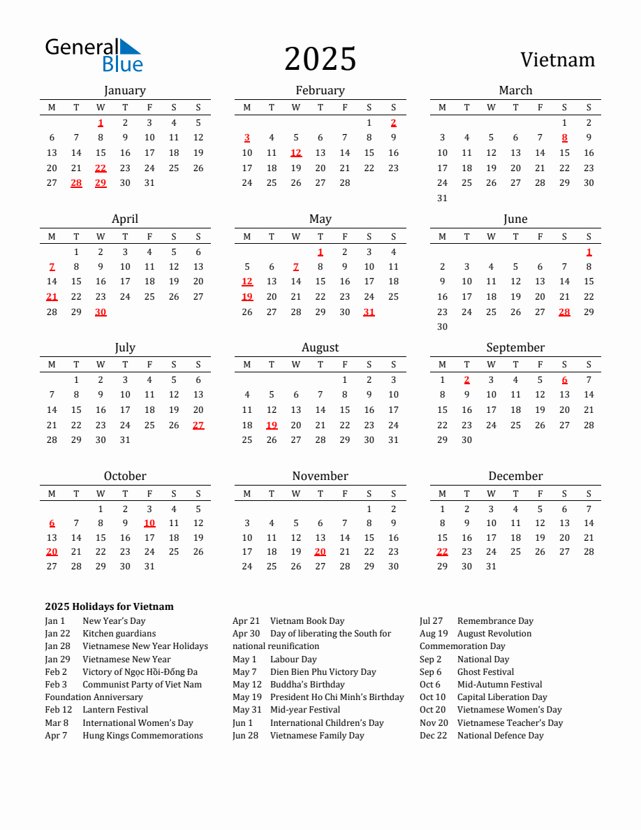 Free Vietnam Holidays Calendar for Year 2025