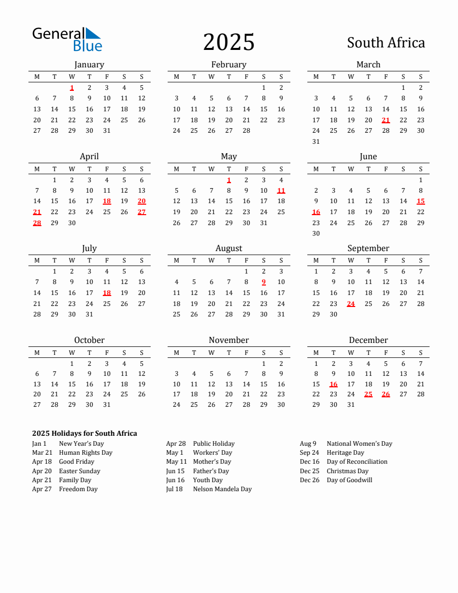 Free South Africa Holidays Calendar for Year 2025