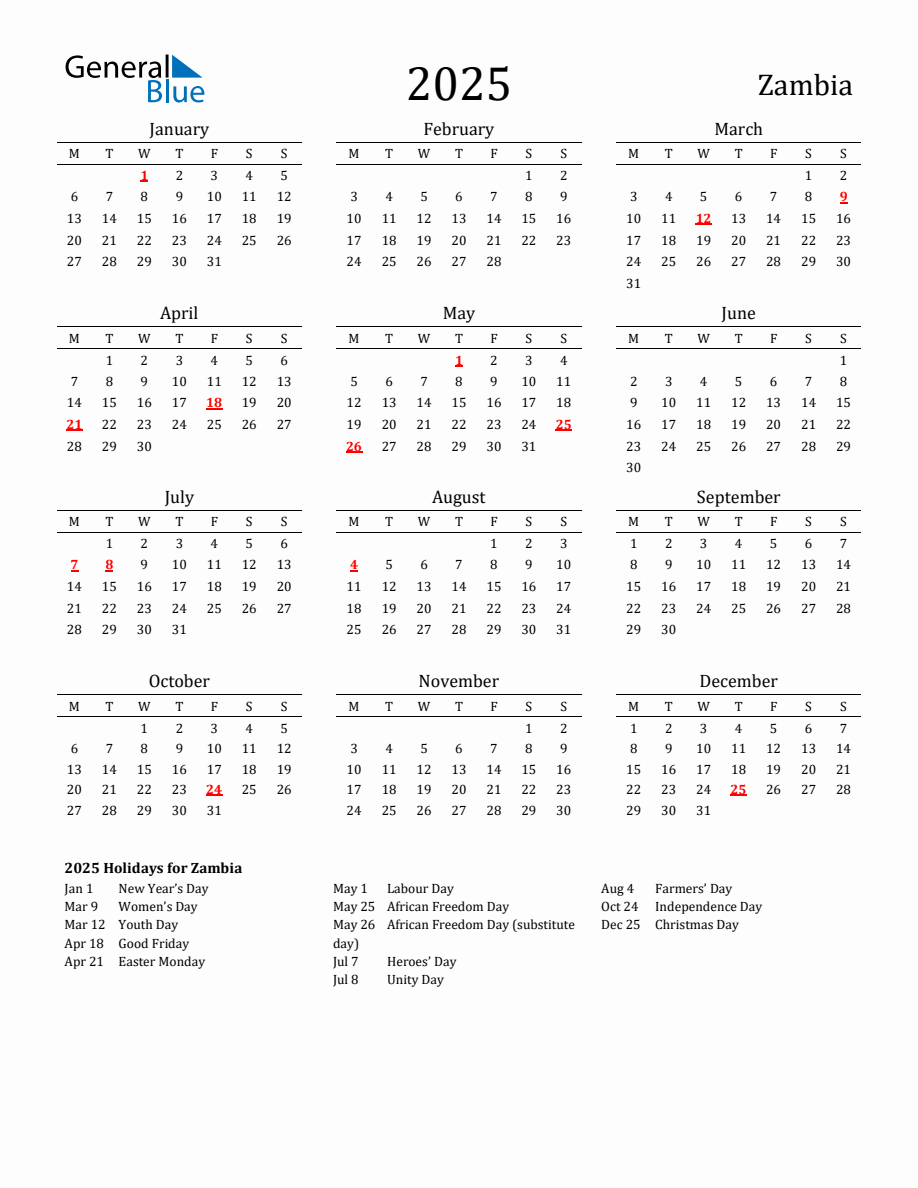 Free Zambia Holidays Calendar for Year 2025