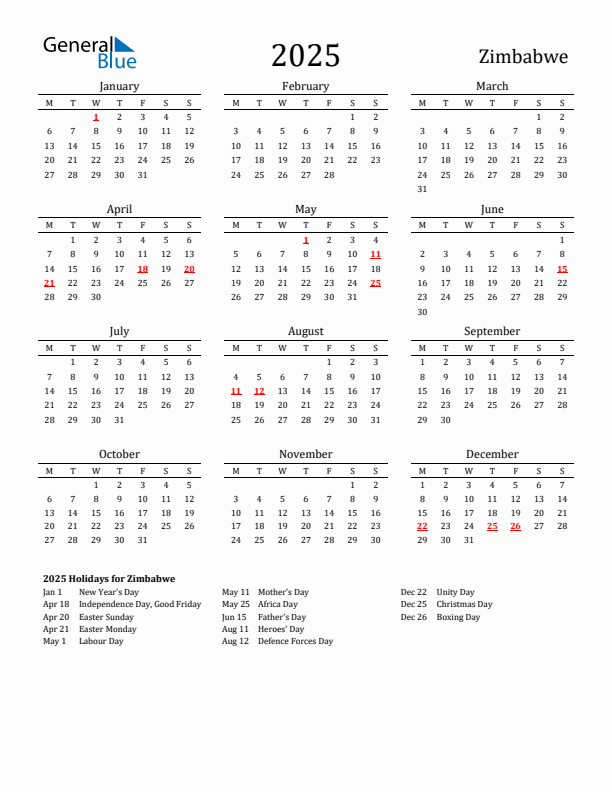 Zimbabwe Holidays Calendar for 2025