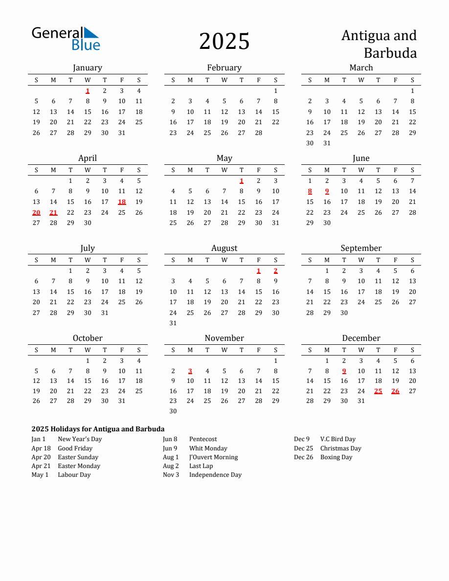 Free Antigua and Barbuda Holidays Calendar for Year 2025