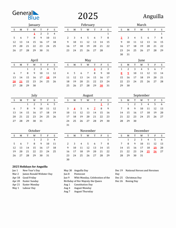 Anguilla Holidays Calendar for 2025