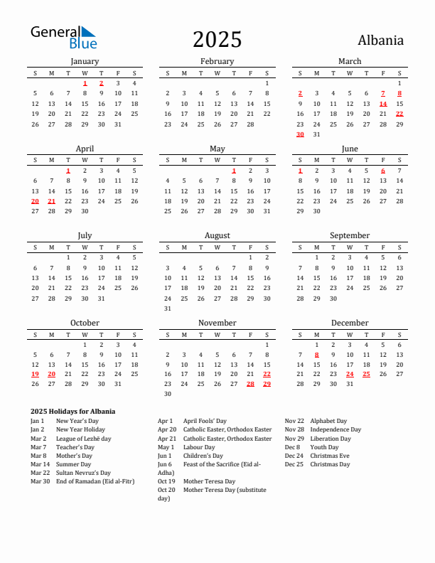 Albania Holidays Calendar for 2025