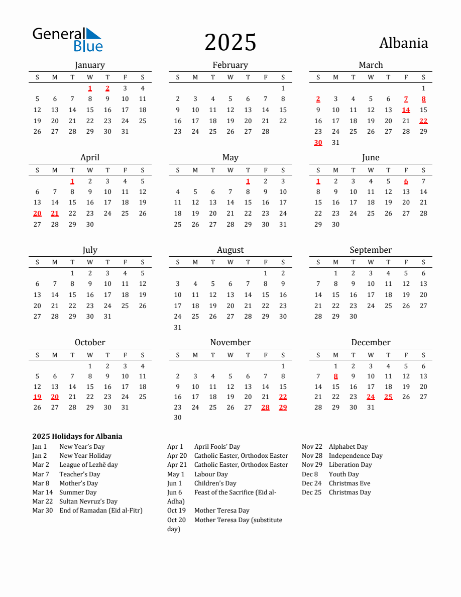 Free Albania Holidays Calendar for Year 2025