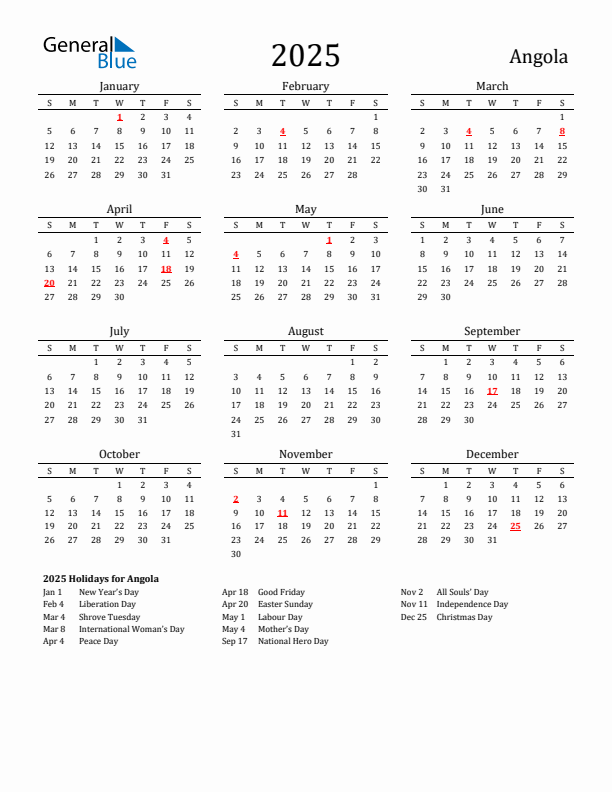 Angola Holidays Calendar for 2025