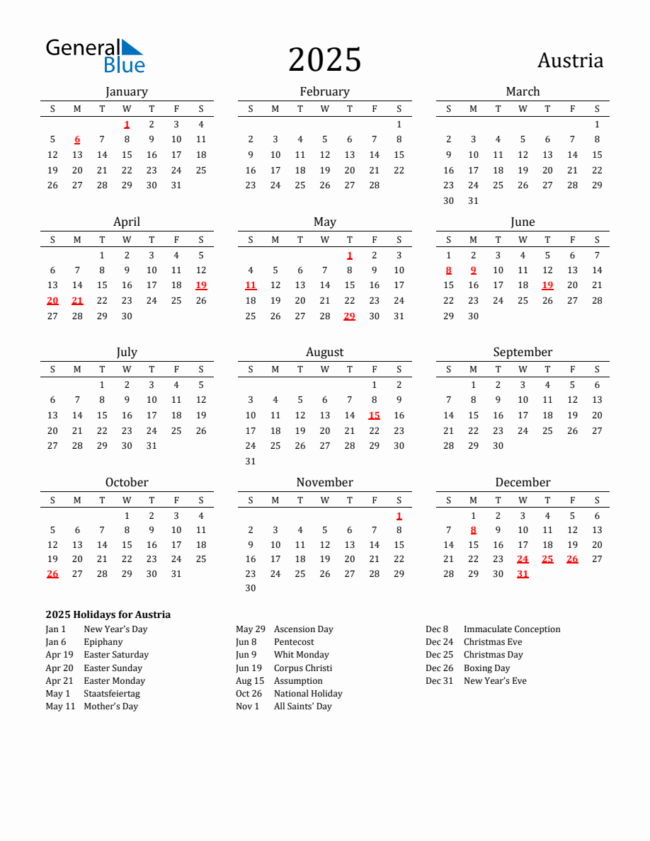 Free Austria Holidays Calendar for Year 2025