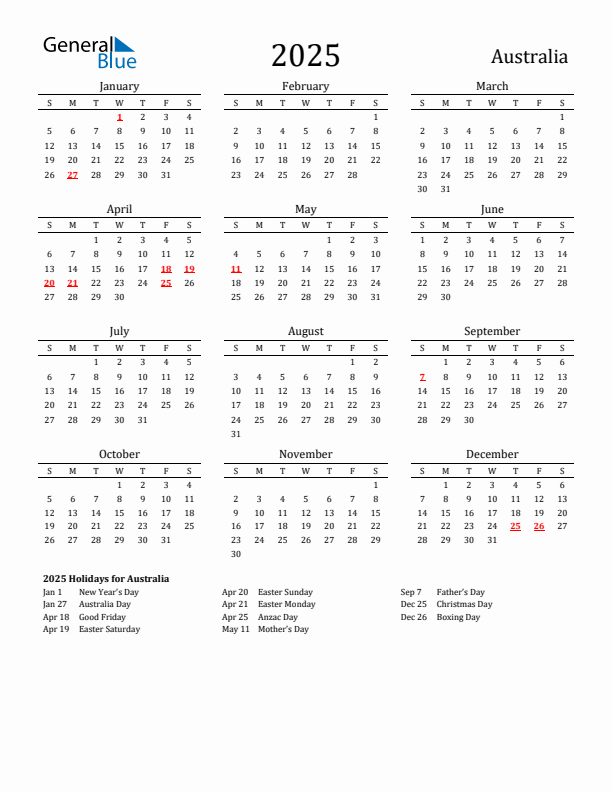 Australia Holidays Calendar for 2025