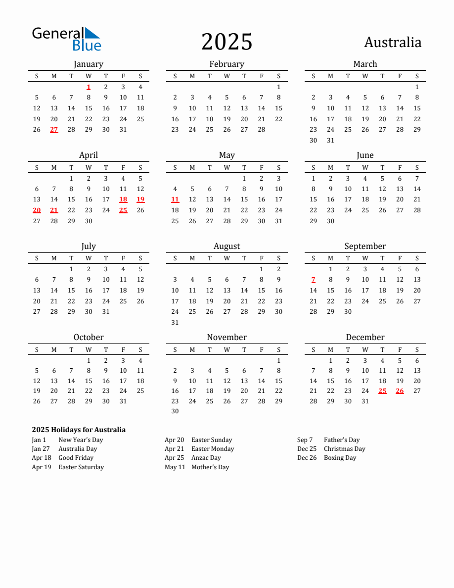 Free Australia Holidays Calendar for Year 2025