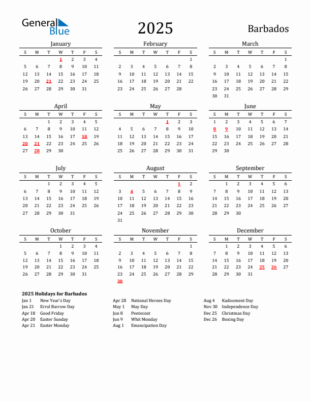 Barbados Holidays Calendar for 2025
