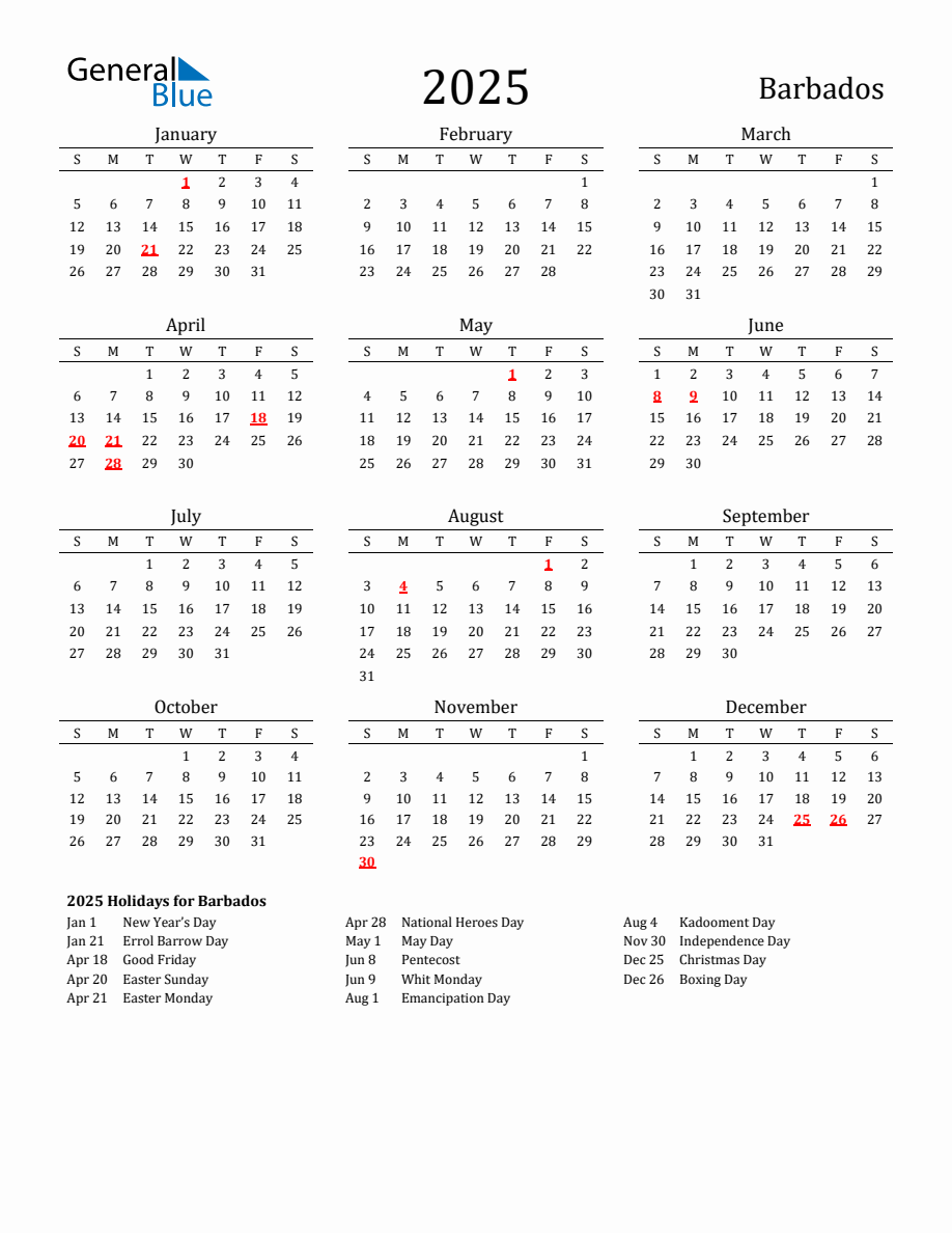 Free Barbados Holidays Calendar for Year 2025