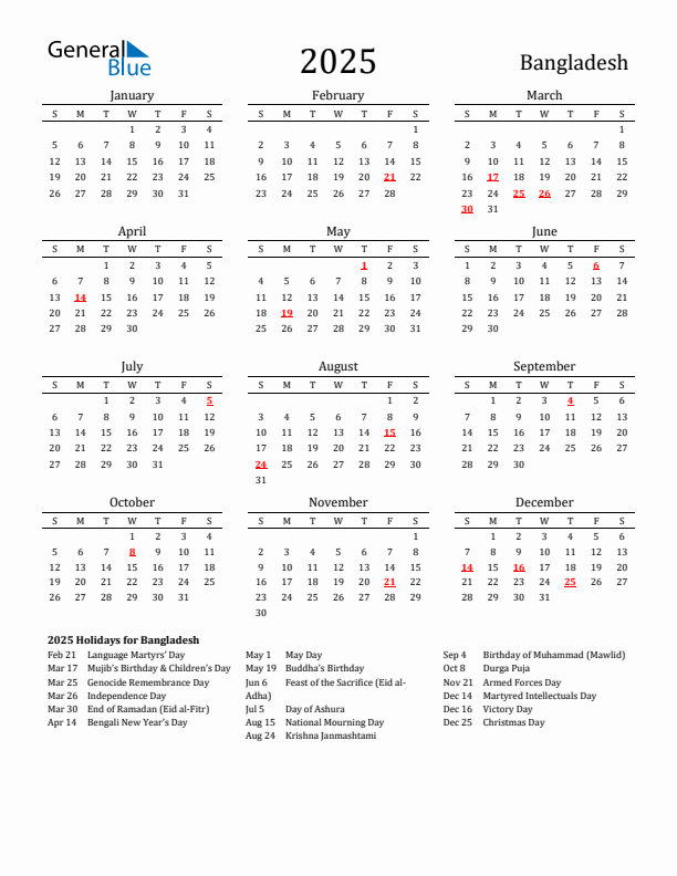 Bangladesh Holidays Calendar for 2025