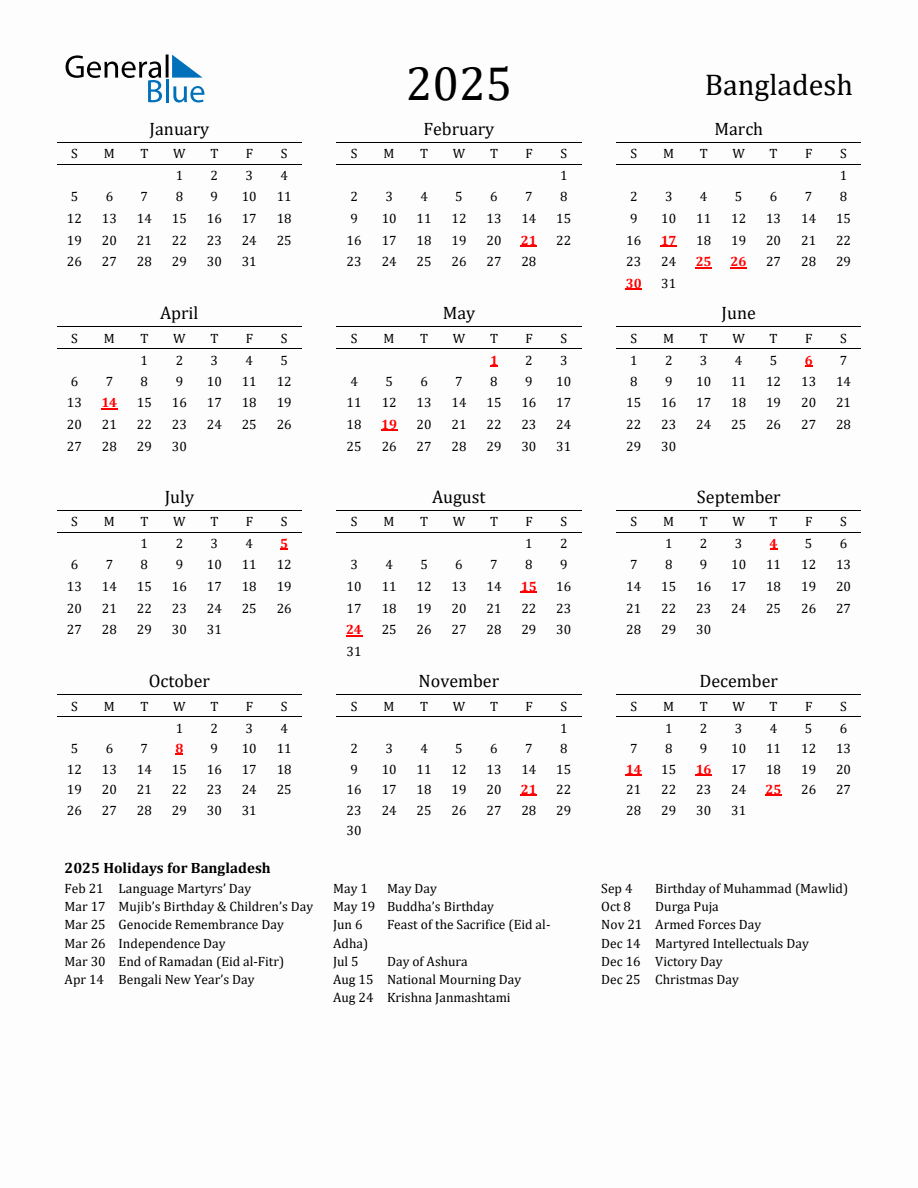 Free Bangladesh Holidays Calendar for Year 2025