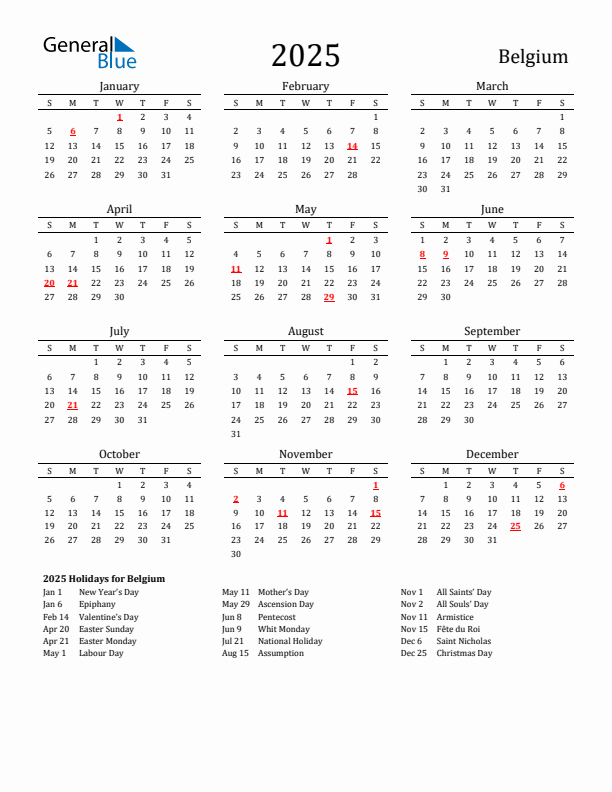 Belgium Holidays Calendar for 2025