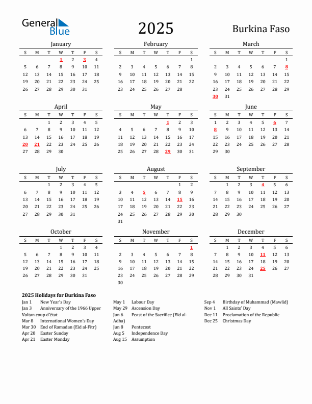 Burkina Faso Holidays Calendar for 2025