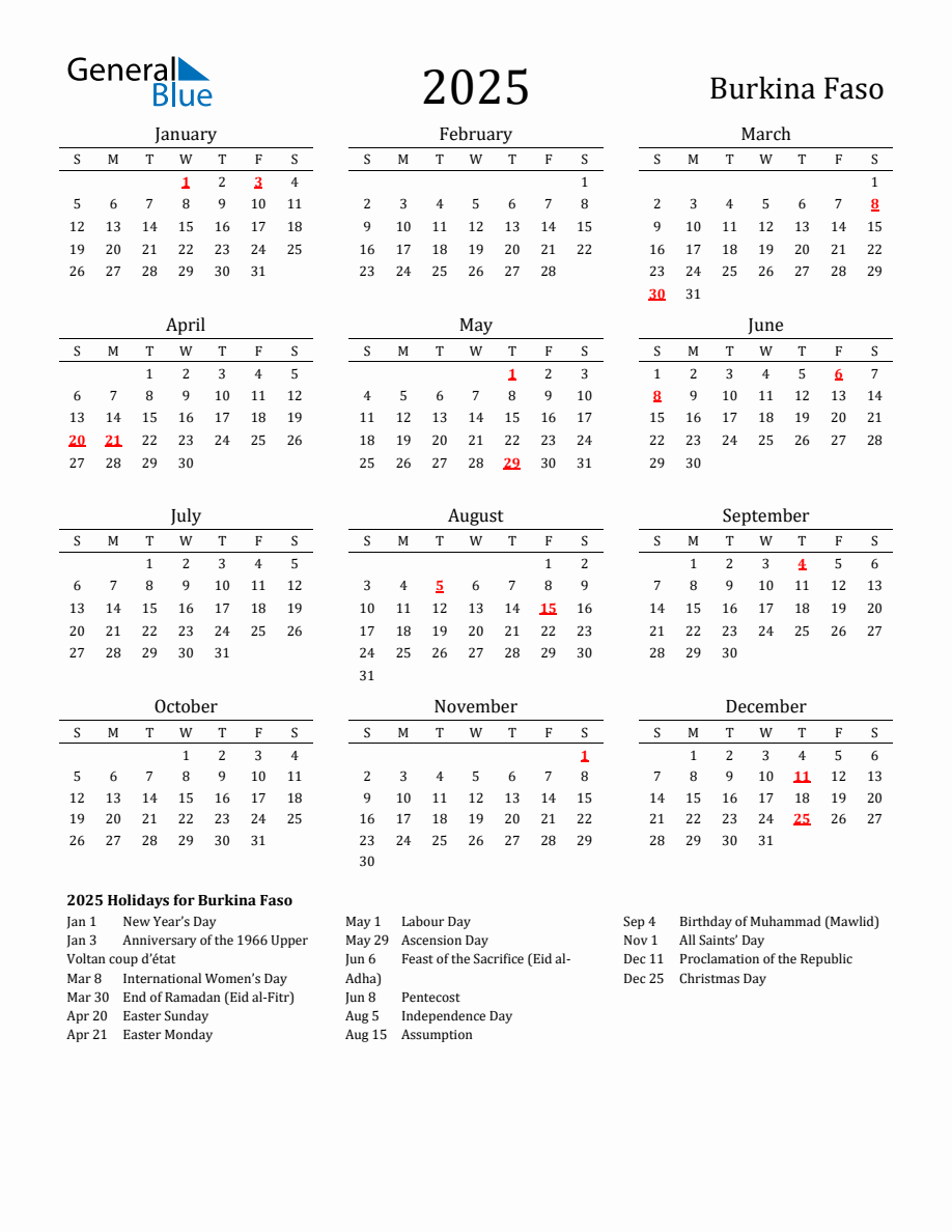 Free Burkina Faso Holidays Calendar for Year 2025