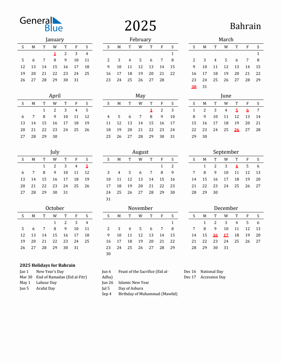 Free Bahrain Holidays Calendar for Year 2025