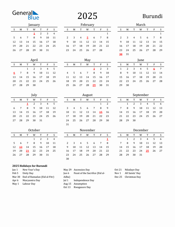 Burundi Holidays Calendar for 2025