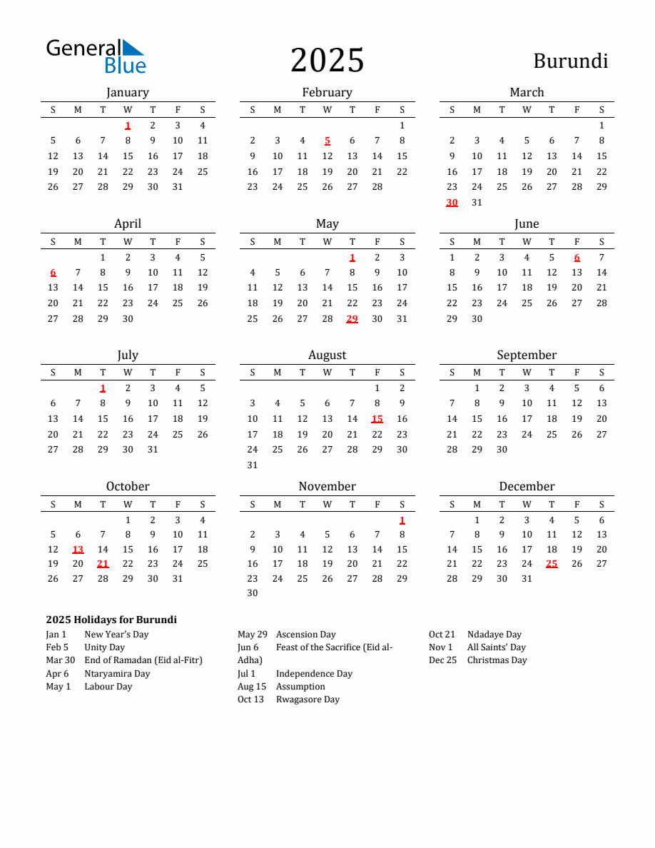 Free Burundi Holidays Calendar for Year 2025