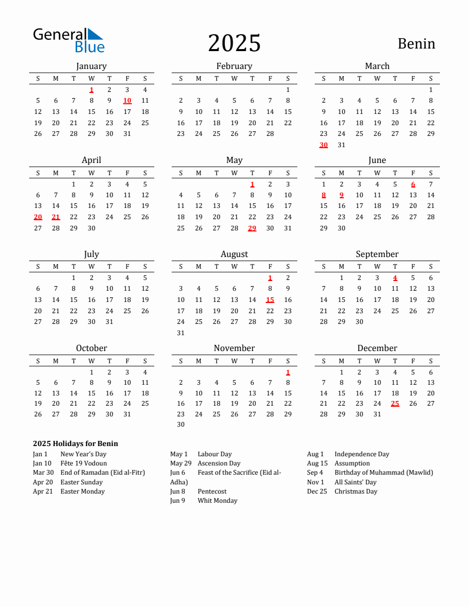 Free Benin Holidays Calendar for Year 2025