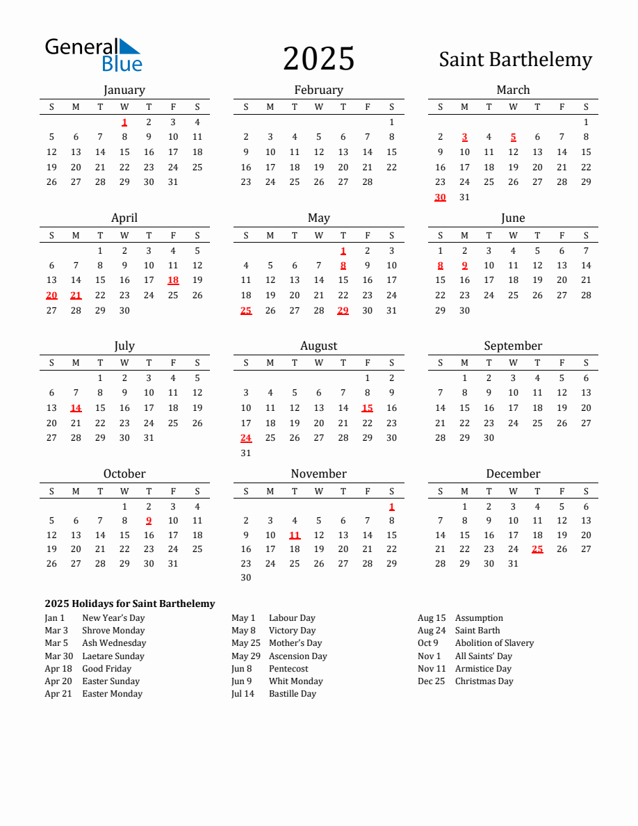 Free Saint Barthelemy Holidays Calendar for Year 2025