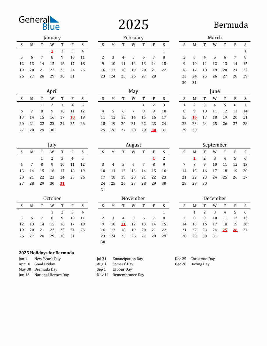 Free Bermuda Holidays Calendar for Year 2025