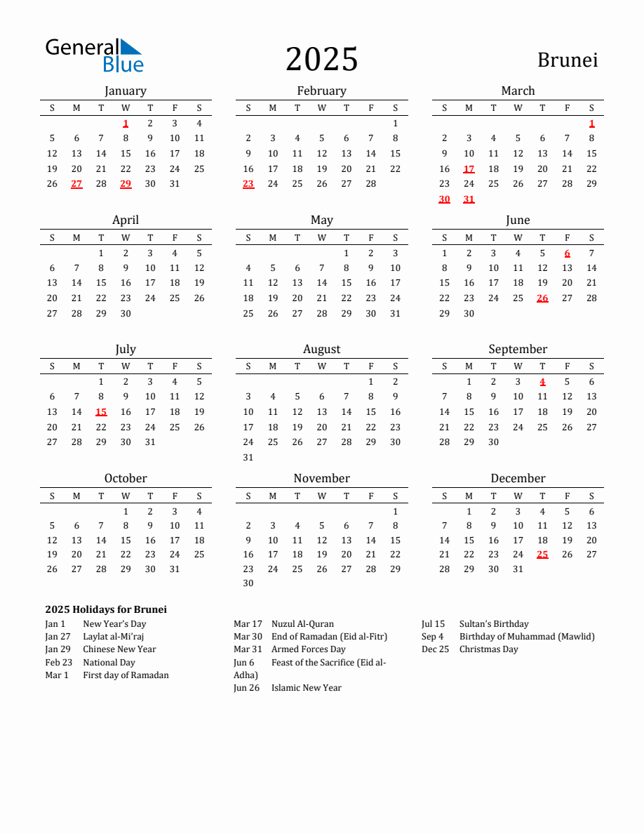 Free Brunei Holidays Calendar for Year 2025