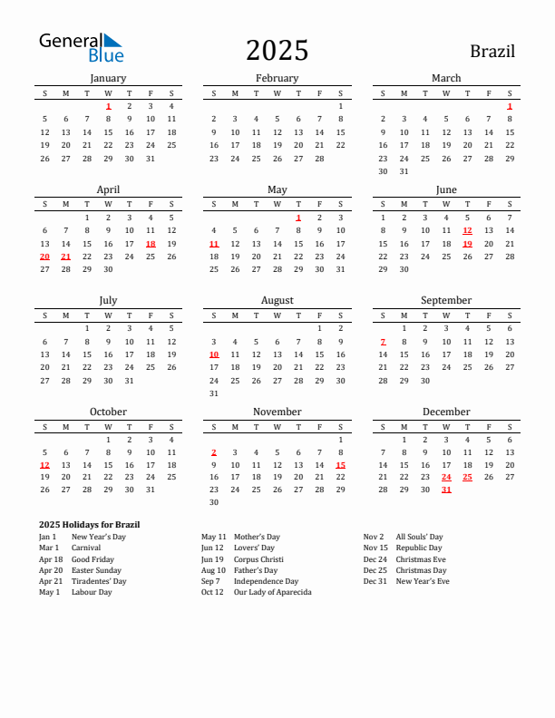 Brazil Holidays Calendar for 2025
