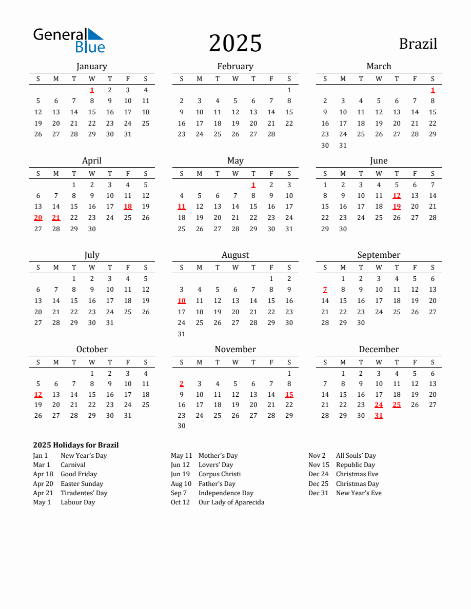 Free Brazil Holidays Calendar for Year 2025