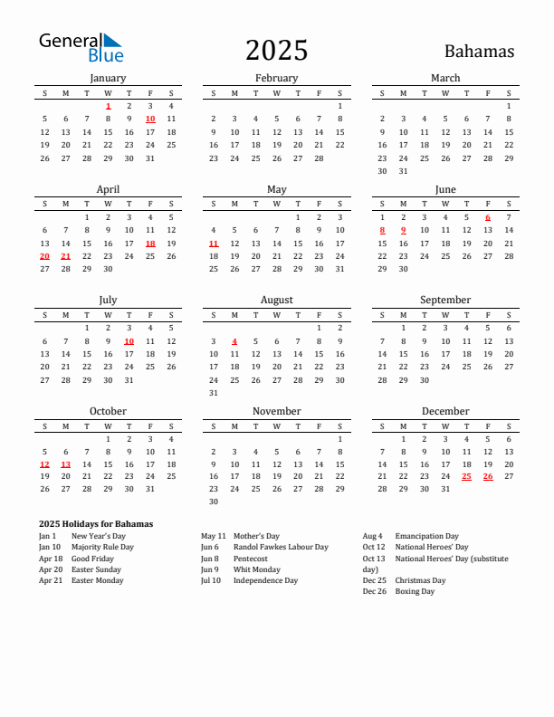 Bahamas Holidays Calendar for 2025