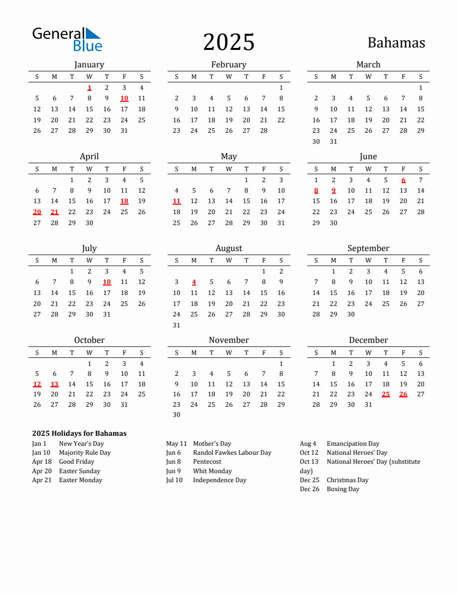 Free Bahamas Holidays Calendar for Year 2025