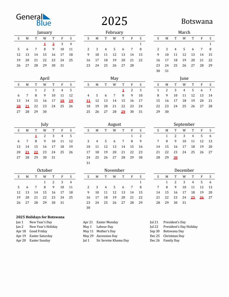 Free Botswana Holidays Calendar for Year 2025