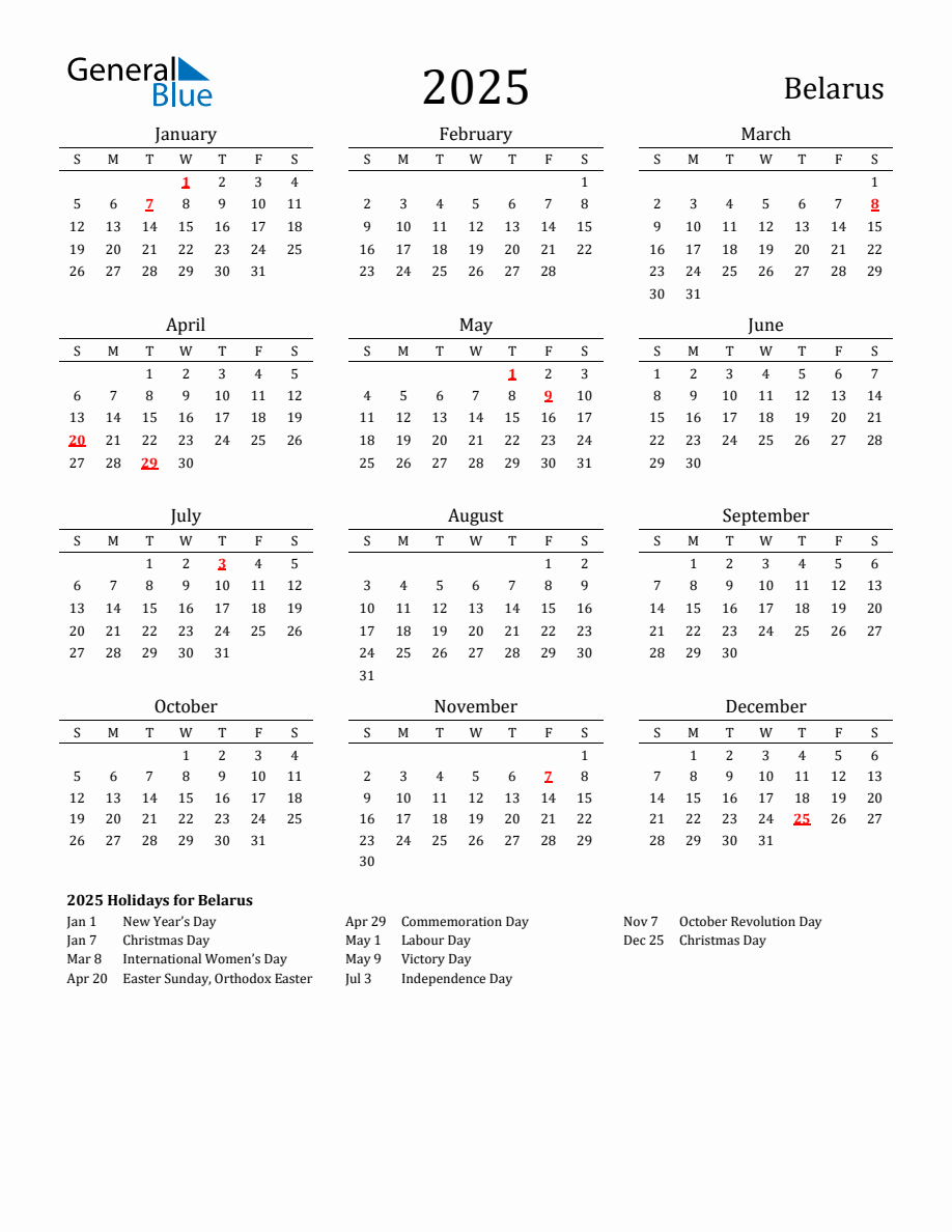 Free Belarus Holidays Calendar for Year 2025