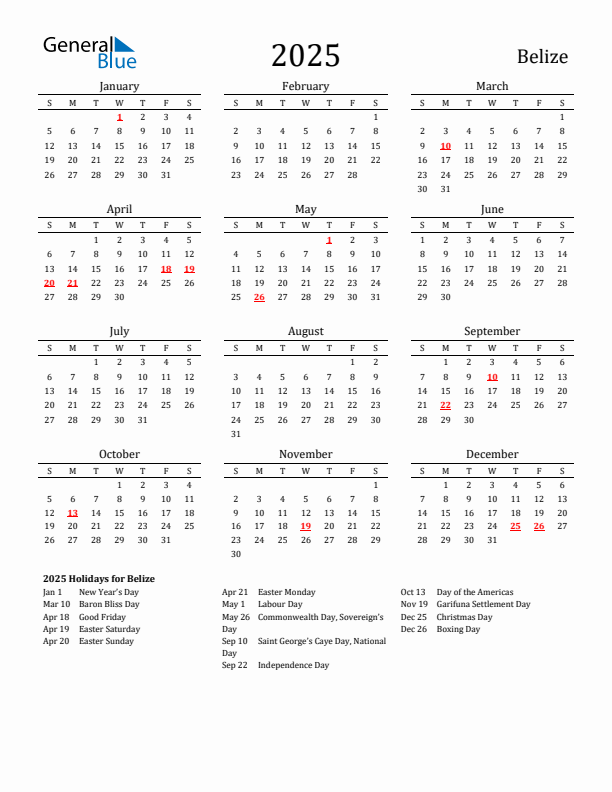 Belize Holidays Calendar for 2025