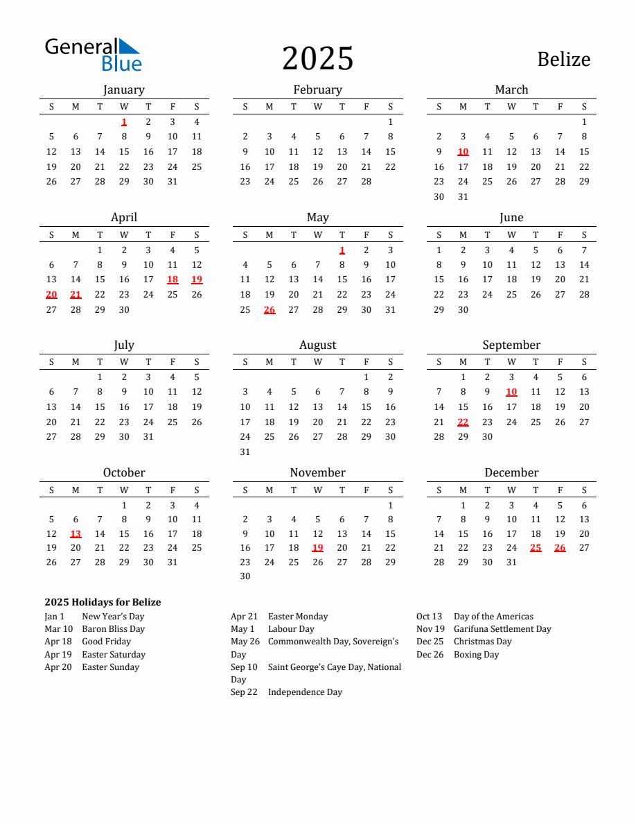 Free Belize Holidays Calendar for Year 2025