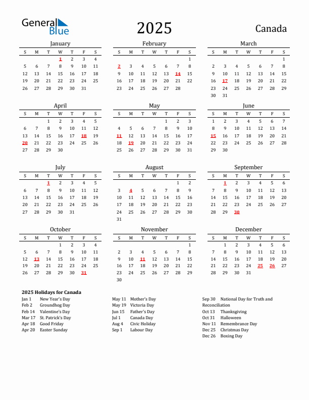 Canada Holidays Calendar for 2025