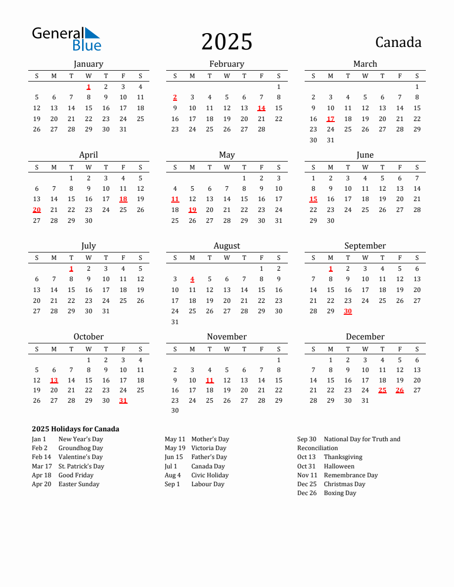 Free Canada Holidays Calendar for Year 2025