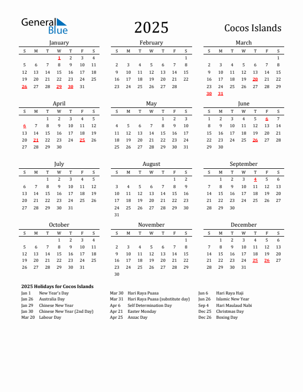 Cocos Islands Holidays Calendar for 2025