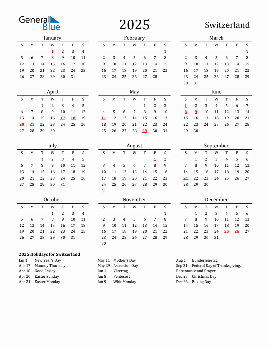 Free Switzerland Holidays Calendar for Year 2025