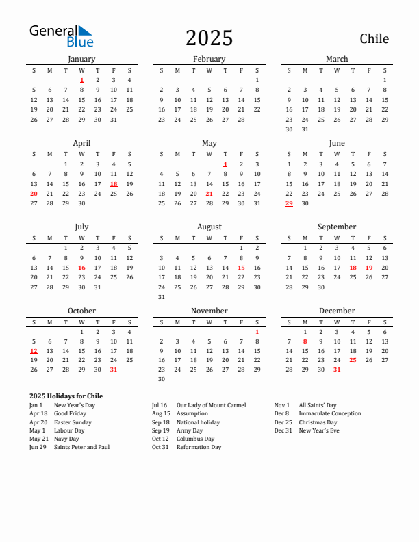 Chile Holidays Calendar for 2025